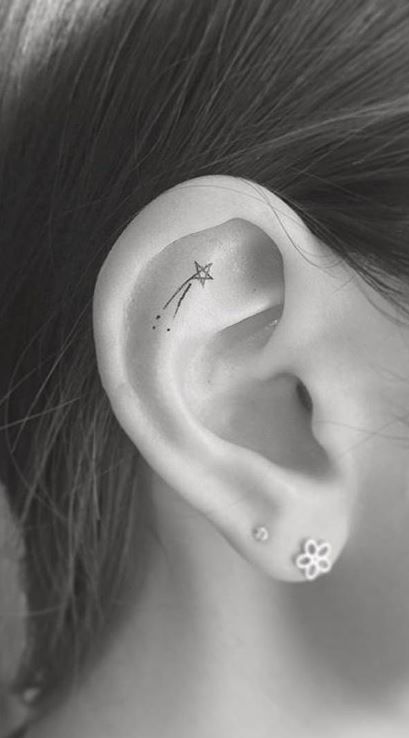 Star Ear Tattoo Inner, Star Tattoo On Ear, Minimalist Tattoo Ear, Ear Tattoos For Women Inner, Star Ear Tattoo, Stars Behind Ear Tattoo, Tiny Ear Tattoo, Inside Ear Tattoos, Ear Tattoo Inner