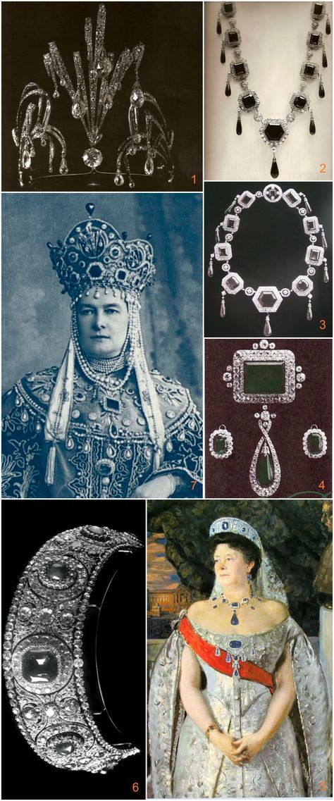 Grand Duchess Maria Pavlovna's jewels for the 1903 Court Ball. Briolette diamond aigrettes, which Cartier set in a tiara in 1908 (see image 1), and an emerald necklace (2 & 3) adorned her headdress (7). On her bosom, she wore an emerald brooch (4) that once belonged to Catherine the Great. Below this was pinned a large sapphire that became the central stone of a Cartier tiara commissioned in 1909 (6). A 1913 portrait by Boris Kustodiev shows her wearing this sapphire and diamond diadem (5). Cartier Tiara, Diamond Diadem, Briolette Diamond, Emerald Brooch, Royal Crown Jewels, Royal Crowns, Royal Tiaras, Catherine The Great, Historical Jewellery