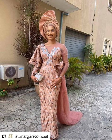 50 Latest Lace Style Designs For 2020 (Updated) | ThriveNaija Peach Asoebi Lace Styles, Aso Ebi Lace Styles 2023, Latest Lace Style, Latest Lace Styles, Asoebi Lace Styles, Asoebi Lace, Aso Ebi Dresses, Petit Outfits, Aso Ebi Lace