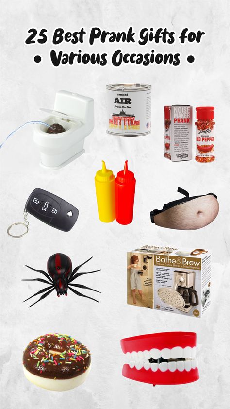 Would you like to surprise your friends on their special day? Try getting them quirky gag gifts! These items include props with irregular shapes or even seemingly inappropriate designs! Either way, research your target first because not everyone will have a positive response to such gifts. But, if they do love quirkiness, then go for it! #prankgifts #prankgiftsforchristmas #prankgiftsbirthday #prankgiftsfunny #prankgiftsformen #prankgiftsforchristmaskids #prankgiftsforchristmassecretsanta Meaningful Gift Ideas, Inappropriate Gift, Prank Gifts, Christmas Jokes, Good Pranks, Irregular Shapes, Noise Makers, Gag Gifts, Creative Gifts