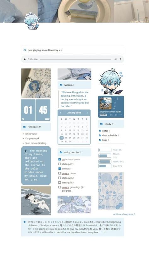 Light Blue Notion Template, Xtiles Template Idea, Notion Mobile Aesthetic, Notation Template Aesthetic, Notion Template Ideas Blue, Notion Aesthetic Blue, Notion Blue Aesthetic, Blue Notion Template, Summer Notion