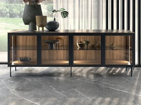 Glass and aluminium sideboard with integrated lighting WES by Guzzini & Fontana Steel Sideboard, Glass Sideboard, Minimal Apartment, Side Boards, Integrated Lighting, Condo Design, Glass And Aluminium, Decor Home Living Room, Price List