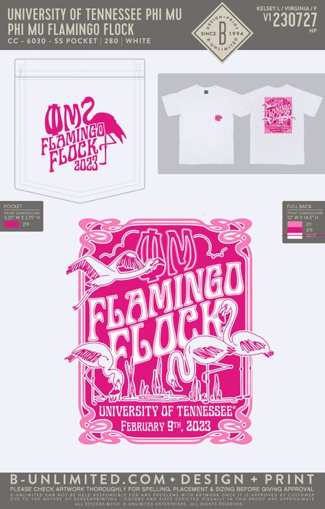 White pocket tee with a pink flamingo design on the back of the shirt Phi Mu Shirts Design, Phi Mu Shirts, Sigma Chi, Sorority Events, Real Monsters, Merch Ideas, Alpha Chi Omega, Alpha Chi, Phi Mu