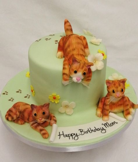 Orange Cat Birthday Cake, Ginger Cat Cake, Orange Cat Cake, Pastel Green Cake, Mint Green Birthday, Cat Bday, Cats Cake, Orange Birthday Cake, Green Birthday Cakes