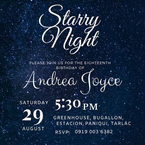 Starry Night Invitation Debut, Starry Night Invitation, Galaxy Video, Xv Ideas, Night Theme, Eighteenth Birthday, Fantasy Design, Starry Nights, Wedding Vision