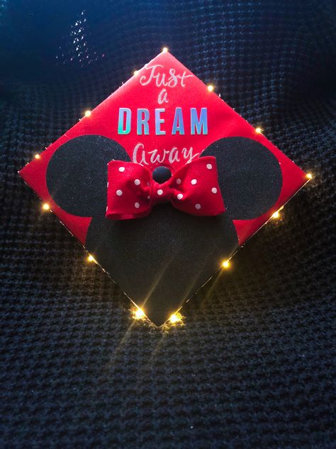 Just A Dream Away Graduation Cap - Disney Themed Graduation Cap Minnie Mouse Graduation Cap, High School Graduation Cap Designs Disney, College Grad Cap Ideas Disney, Disney Masters Graduation Cap, Graduation Cap Designs Mulan, Disney Grad Caps, Education Graduation Cap, Graduation Cap Decoration Nursing, Diy Graduation Decorations