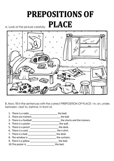 Prepositions of place - demostratives Prepositions Activities For Kids, English Primary School, Preposition Activities, Preposition Worksheets, First Grade Reading Comprehension, Teach English To Kids, English Activities For Kids, Learning English For Kids, English Worksheets For Kids