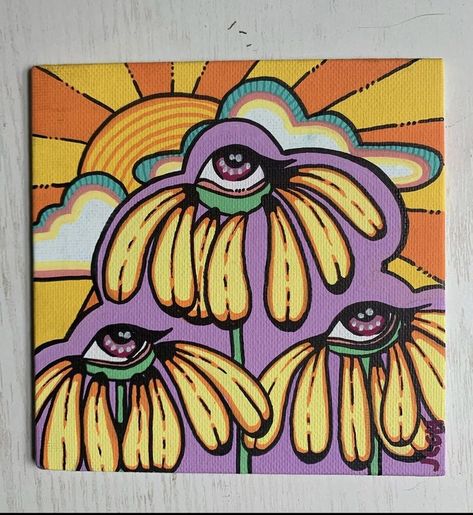 Paintings Acrylic Aesthetic, Tie Dye Art Painting, Psychodelisch Art Easy, Painting Polaroids, Hippie Drawing Ideas, Spiritual Painting Ideas, Hippie Canvas Art, Hippie Painting Ideas, Retro Painting Ideas On Canvas