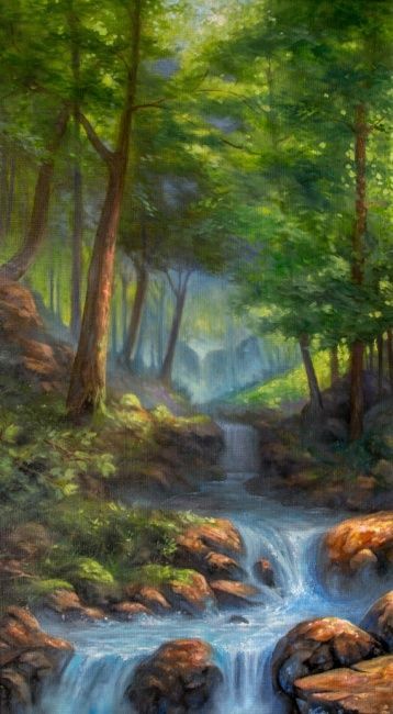 Nature's Beauty Unveiled: Acrylic Artistry Office Waterfall, Forest Drawing, Forest Waterfall, Waterfall Paintings, Waterfall Landscape, Bird Paintings, River Painting, Patterns Wallpaper, Scenery Paintings