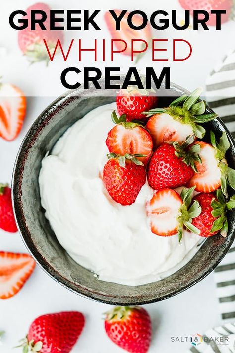 Whipped Greek Yogurt Dessert, Greek Yogurt Cool Whip, Healthy Whipped Cream Recipe, Healthy Whipped Cream, Yogurt Whipped Cream, Whipped Greek Yogurt, Greek Yogurt Whipped Cream, Yogurt Ideas, Greek Yogurt Dessert