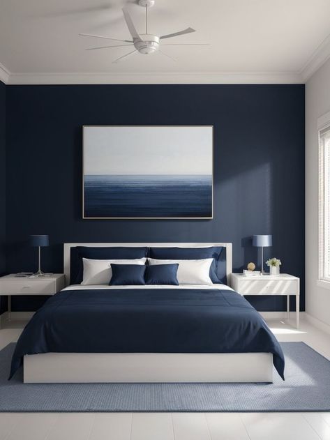 Interior Design Bedroom Blue, Bedroom With Blue Carpet, Grey Flooring Bedroom, Blue And Grey Bedroom Decor, Dark Blue Bedroom Decor, Blue White And Gold Bedroom, Royal Blue Bedroom Ideas, Navy And Grey Bedroom, Hotel Room Ideas