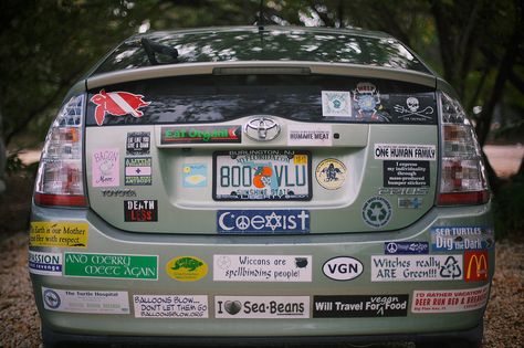 Bumper Stickers on a Vegan Prius | by The Hamster Factor Lunch Box Thermos, Hippie Car, Cornhole Wraps, Car Deco, Music Stickers, Car Bumper Stickers, On The Road Again, Granola Girl, Bike Helmet