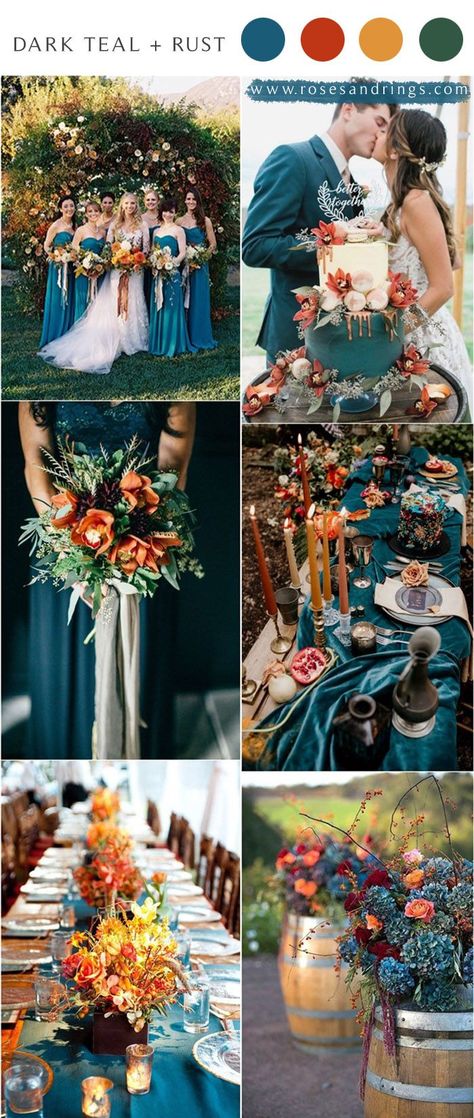 Dark teal and burnt orange rust fall wedding color ideas 2021 #wedding #weddingcolors #weddingideas #fallwedding #blueweddings Burnt Orange Fall Wedding, Rust Orange Wedding, Teal And Burnt Orange, Orange Fall Wedding, Dark Teal Weddings, Rustic Barn Wedding Reception, Teal And Rust, Teal Wedding Colors, Orange Wedding Colors