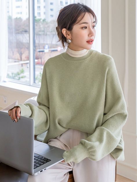 DAZY Solid Drop Shoulder Oversized Sweater | SHEIN USA Mint Sweatshirt Outfit, Mint Green Fall Outfit, Mint Green Sweater Outfit Winter, Light Green Sweater Outfit, Mint Green Sweater Outfit, Vest Hijab Outfit, Green Jumper Outfit, Light Green Outfit, Green Sweatshirt Outfit