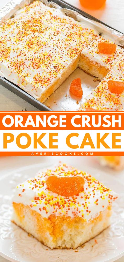 Here's a fun summer dessert that's easy to make with just 4 ingredients! Your 4th of July baking ideas must have this orange crush poke cake recipe. Light yet super moist with bold flavor, this orange crush cake is refreshing on a warm day! Orange Crush Poke Cake, Orange Crush Cake, Orange Desserts, Crush Cake, Poke Cake Recipe, Orange Dessert, Crush Soda, Orange Jello, Jello Cake