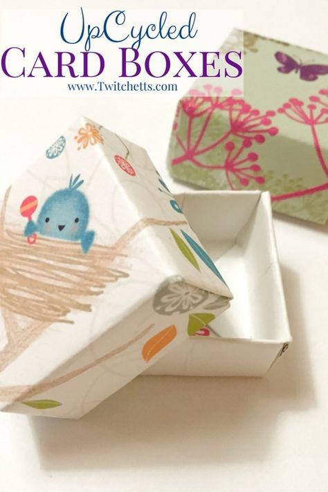 Make these card boxes out of upcycled greeting cards. Great for gift giving, jewelry boxes, or even tooth fairy boxes! Loads of possibilities! Recycle Christmas Cards, Fairy Box, Tooth Fairy Box, Old Greeting Cards, Folding Origami, Greeting Card Box, Old Cards, Greeting Card Craft, Card Boxes