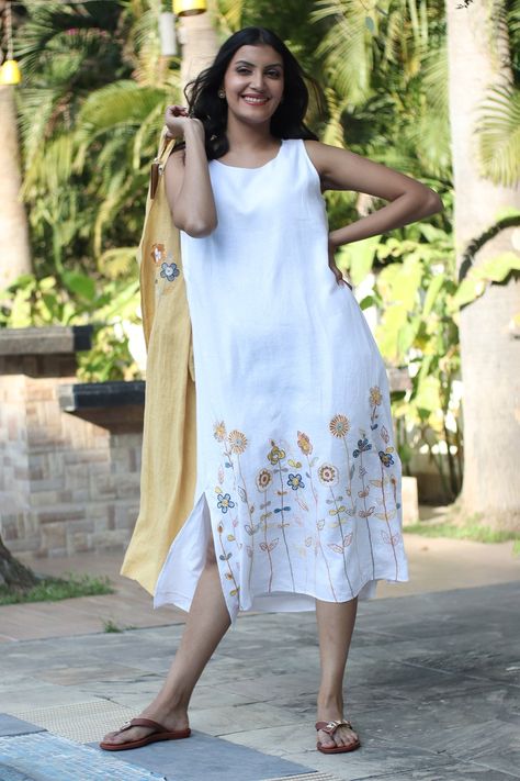 Blue Dresses For Women, Linen Embroidery, White Embroidered Dress, Frock For Women, Linen Dress Women, Embroidered Midi Dress, Breezy Dress, Linen Color, Floral Embroidered Dress