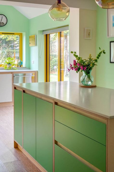 Retro plywood kitchen - birch ply island with caesarstone worktop 1960s Kitchen Cabinets, 1960s Kitchen, Timber Kitchen, Plywood Kitchen, Plywood Interior, Kitchen Layout Plans, Sustainable Kitchen, Kitchen Ceiling, Bright Kitchens