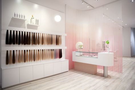 Hair Salon Design - The extensions Display How To Store Hair Extensions, Glam Seamless, Hair Extension Salon, Hair Salon Design, Hair Extension Shop, Hair Salon Interior, Seamless Hair Extensions, Hair Salon Decor, Luxy Hair