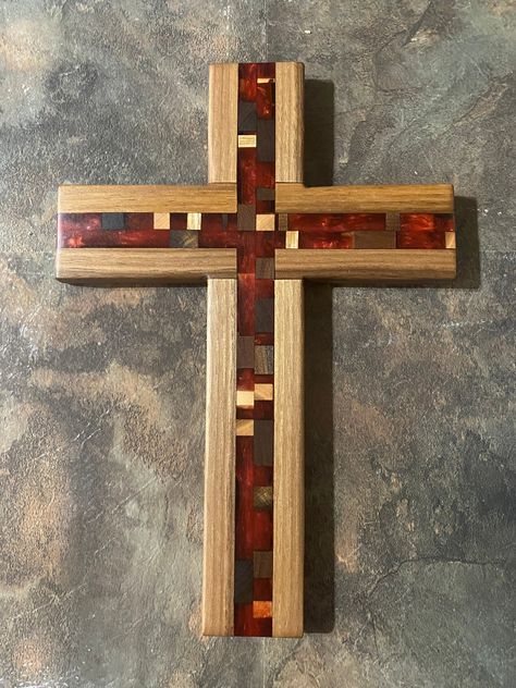 "Christian cross wall hanging decor, walnut with red epoxy.  Approximately 14\"x\"10" Epoxy Cross, Wood Crosses Diy, Wooden Cross Crafts, Burlap Cross, Cross Wall Hanging, Jesus Gift, Cross Decor, Catholic Crucifix, Jesus Gifts