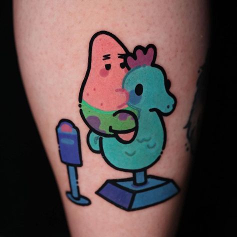 Sinjeezus Tattoos & Art | Couldn’t resist accepting this fantastic project from my friend @shyshycrawf to do a super cute 💖🫶 design by @shopgoobersonly - I’m a… | Instagram Funny Tattoo Ideas, Spongebob Tattoo, Funny Tattoo, Visual Puns, Tattoos Art, Laser Tattoo, Funny Tattoos, Hilarious Funny, A Tattoo