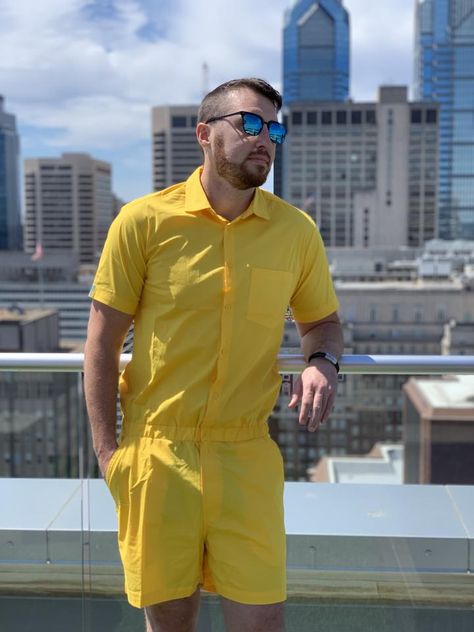 Male Romper, Monotone Outfit, Romper Men, Yellow Guy, Yellow Fits, Yellow Outfit, Short Sleeve Romper, Sunny Yellow, Mens Fitness