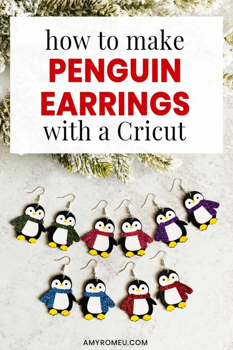 How to Make Penguin Earrings with faux leather, HTV, and a Cricut. Tutorial and SVG file available at amyromeu.com Penguin Earrings, Svg Earring, Earring Template, Cricut Christmas Ideas, Cricut Stencils, Diy Leather Earrings, Projets Cricut, Craft Show Ideas, Cricut Free