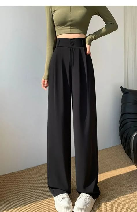 Simple Black Pants Outfit, Straight Leg Pants Women, School Trousers Aesthetic, Wide Leg High Waist Pants Outfit, Outfits With Trousers Casual, Korean Pants For Women, Korean Trousers Outfit Women, Korean Pants Outfit, Trousers Outfit For Women