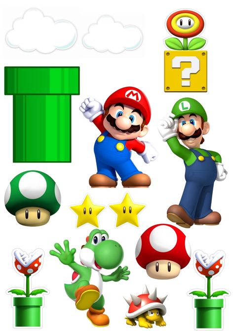 Super Mario Bros Cake Toppers, Super Mario Topper Printable, Mario Bros Cake Topper Printable, Super Mario Cake Topper Printable Free, Mario Luigi Birthday Party, Mario Cake Topper Printable, Super Mario Topper, Super Mario Cake Ideas, Mario Pictures