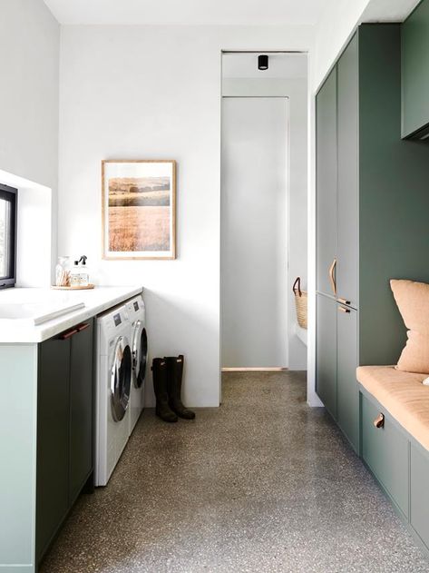 A Renovated And Extended 1970s Home In Fingal, VIC | Inside Out Cement Floor Laundry Room, Green Kitchen Concrete Floor, Concrete Mudroom Floor, Laundry Room With Concrete Floor, Laundry Room Concrete Floor, Concrete Laundry Room Floor, Laundry Bench, Green Laundry Room, Laundry Inspiration