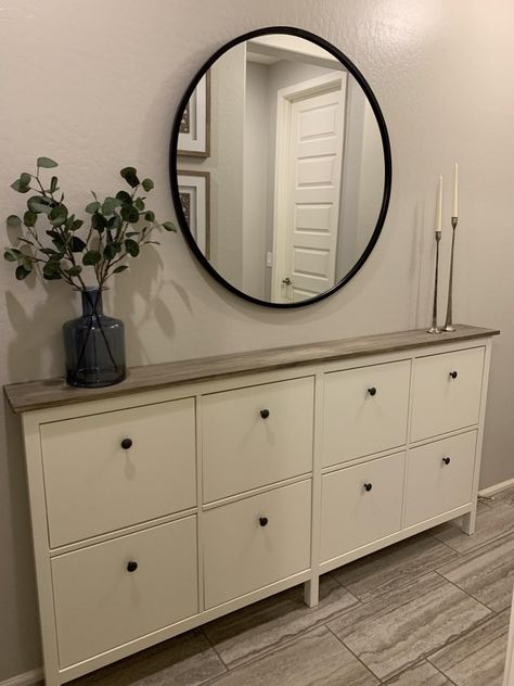 Ikea Hemnes Shoe Cabinet, Hemnes Shoe Cabinet, Ikea Shoe Cabinet, Ikea Desk Hack, Ikea Shoe, Shoes Cabinet, Narrow Entryway, Ikea Furniture Hacks, Ikea Hemnes