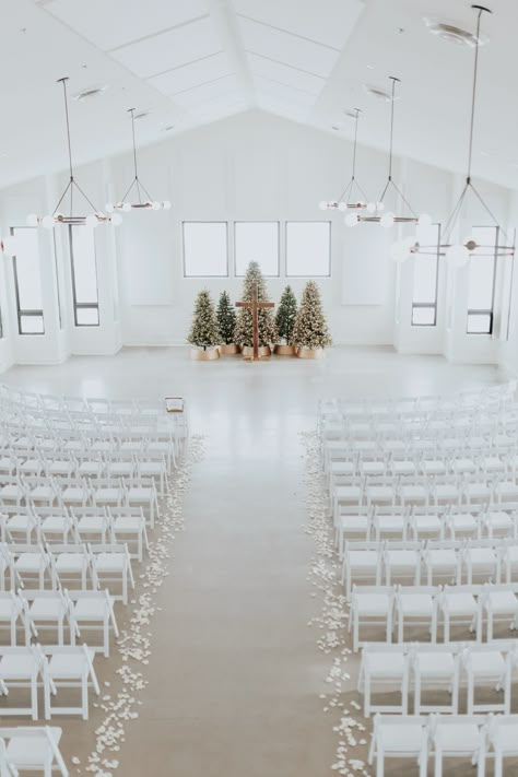 Indoor Christmas Wedding Ceremony, Christmas Tree Background Wedding, Wedding Cross Altar Christmas, Winter Wedding Entrance Decor, Christmas Tree Ceremony Backdrop, Christmas Ceremony Wedding, Christmas Alter Decoration, December Wedding Ceremony Decor, Winter Wedding Arch Indoor