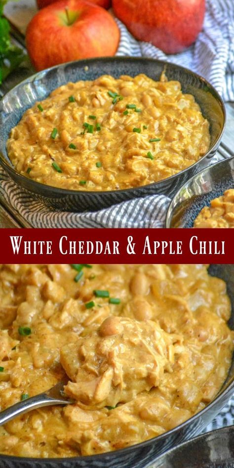 Chili doesn’t have to be all about ‘the meat’. This White Cheddar & Apple Chicken Chili is the compromise your stove top’s been looking for! A sweet, savor bent on a Southern classic- it’s guaranteed to be a hit come dinner-time. #cheddar #cheese #apples #chili #fall #gameday #AppleWeek #AD Chili With Apples, Unique Chilli Recipes, Dessert Chili, Fall Chili Recipes, Unique Chili Recipe, Apple Chili, Unique Chili, Cheese Apples, How To Cook Chili