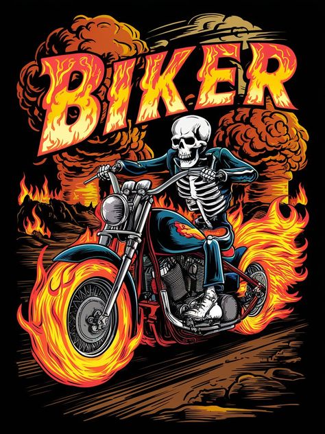 Biker Illustration, Fire Typography, Motorbike Illustration, Colorful Skull Art, Ghost Rider Pictures, Tshirt Artwork, Cartoon Art Drawing, Nike Art, Amoled Wallpapers