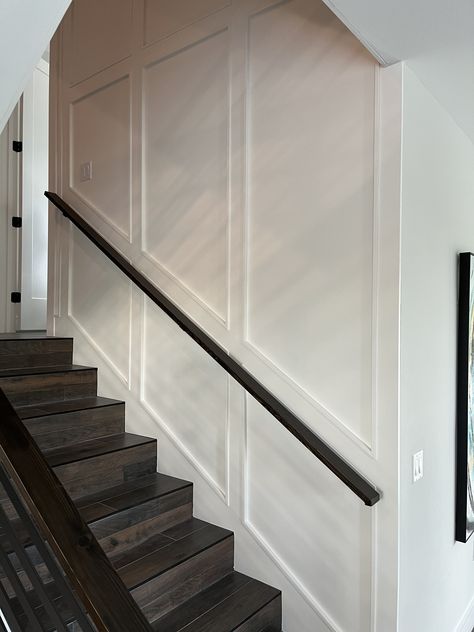 Board And Batten Foyer Entryway Stairs, Railing On Wall Stairways, Paneling Going Up Stairs, Closed Off Staircase Ideas, Staircase Wall Railing, Wall Trim Moulding Stairs, Stairway Chair Rail Ideas, Stairwell Wall Ideas Paint, Accent Wall Stairs Staircases