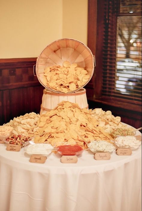 Chip Table For Party, Chips For Wedding, Chips And Dips Display, Chips And Dip Station Wedding, Chips And Dip Table Display, Wedding Chips And Dip, Cheese Dip Fountain Wedding, Chips And Dip Cocktail Hour, Wedding Reception Dips