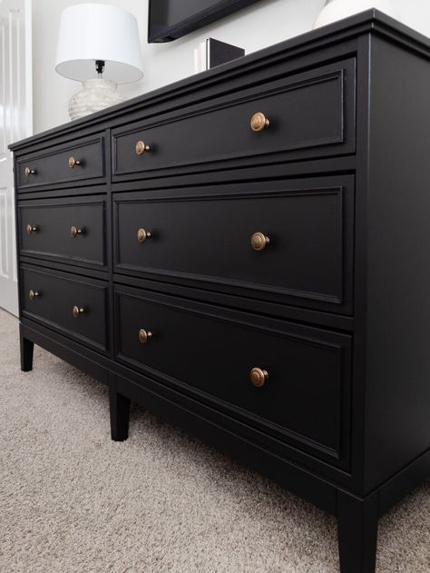 Easy IKEA Dresser Hack | jessicabelteau.com Redoing Ikea Dresser, Ikea Decor Hacks, Ikea Dresser Hack, Ikea Hemnes Dresser, Dresser Hack, Painting Laminate Furniture, Craft Hacks, Black Dresser, Laminate Furniture