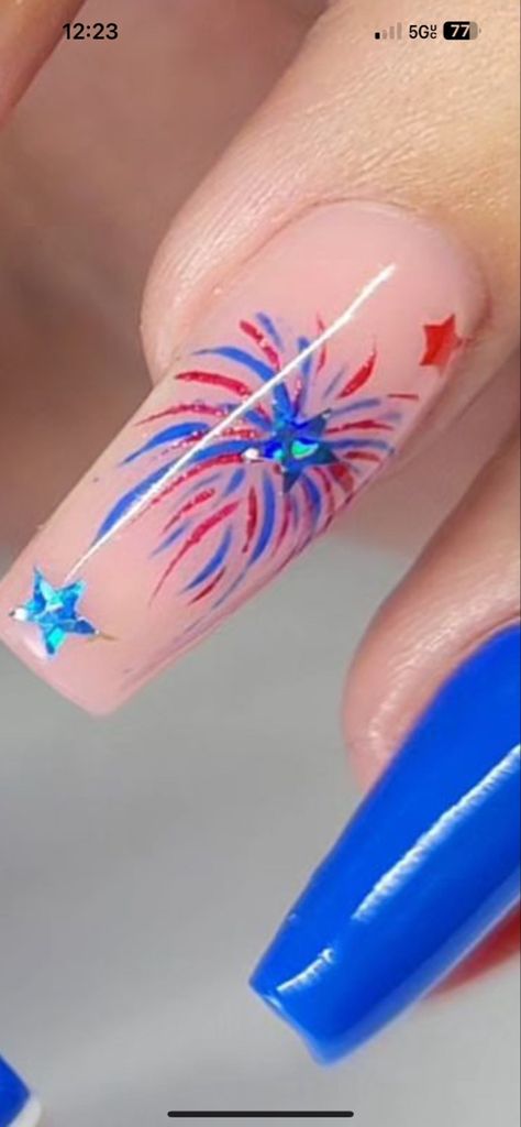 Fire Works Nail Designs, Firework Acrylic Nails, Fireworks On Nails, Fireworks Nail Art, Firework Nail Design, Fire Work Nails, Firework Nails Design, Fireworks Nails Design, Fireworks Nails