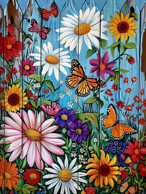 Facebook Colorful Picket Fence, Mural Art Outdoor, Murals On Fences, Painted Fences Mural, Painted Garden Sheds, Garden Fence Paint, Fence Painting, Garden Fence Art, Garden Mural