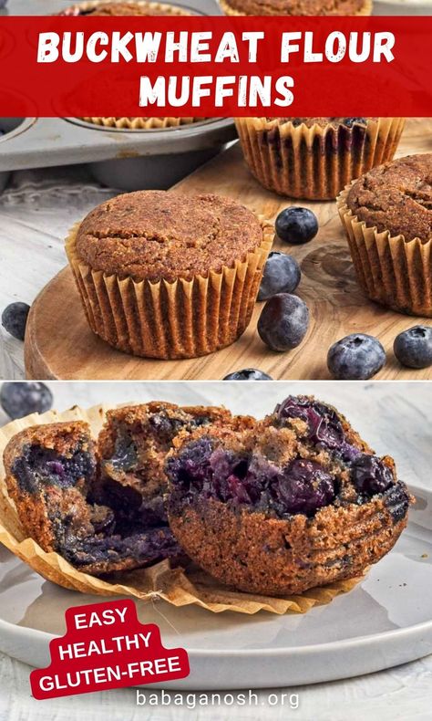 Buckwheat muffins with bursts of juicy baked blueberries. Easy to make, gluten-free, delicious healthy muffins for breakfast or snack time. Buckwheat flour is a nutritious gluten-free flour for baking gluten-free muffins. SAVE this easy buckwheat muffins recipe! Blueberry Flax Muffins, Mulberry Muffins, Buckwheat Flour Recipes, Buckwheat Gluten Free, On The Go Lunch, Buckwheat Muffins, Muffins For Breakfast, Buckwheat Recipes, Buckwheat Groats