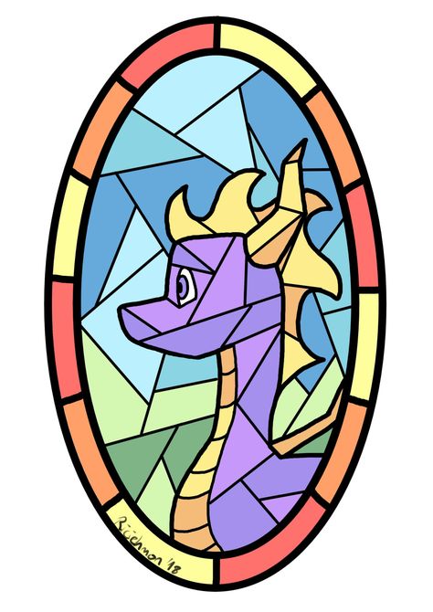 Spyro Stained Glass, Ricarda Schauf on ArtStation at https://www.artstation.com/artwork/bal6Zr Video Game Stained Glass Art, Geeky Stained Glass Patterns, Nerdy Stained Glass Art, Nerdy Stained Glass Patterns, Stained Glass Art Easy, Dragon Stained Glass Pattern, Stained Glass Svg, Stained Glass Drawing, Windows Decor