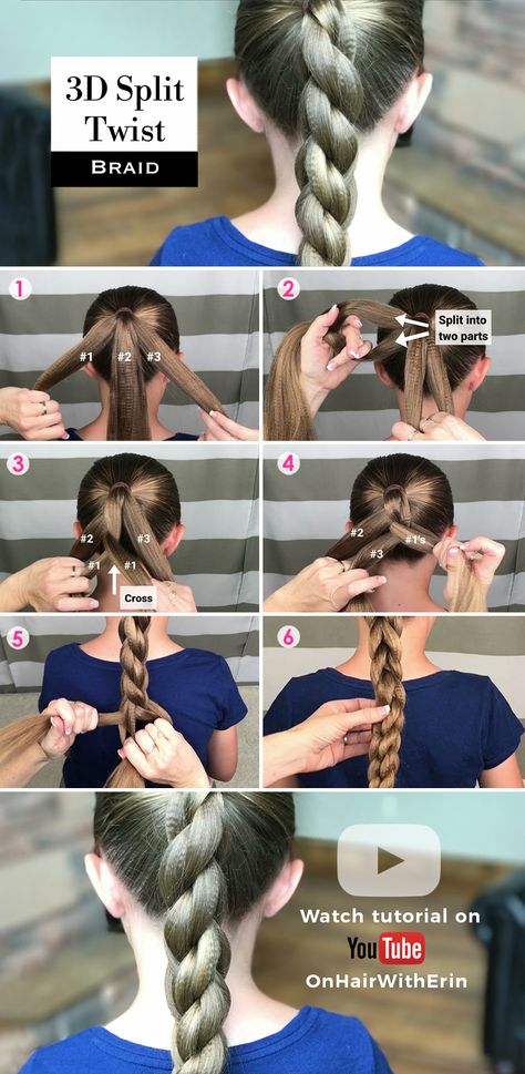 How to do a 3D Split Braid Step-by-Step 😊To see the full tutorial head to my You Tube Channel: On Hair With Erin Braid How To Do Step By Step, How To Do A 3d Braid, 3 D Braids, Twist Braid Tutorial Step By Step, Braided Hair Tutorials Step By Step, How To Do Braids Step By Step, Step By Step Braids On Yourself, 3d Braid Tutorial, Braids Tutorial Step By Step