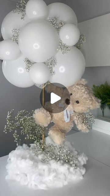 Floating Teddy Bear Balloon Diy, How To Make A Floating Teddy Bear Balloon, Hanging Teddy Bear Balloon, Bear Hanging From Balloons, Centerpieces Balloons, Bear Inside Balloon, Balloon Centrepiece, One Balloon, Balloon Centerpieces