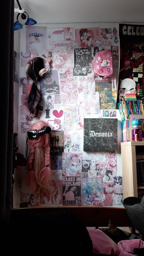 Kawaii goth pink cute alternative alt Gothic Kawaii Room, Kawaii Goth Room Decor, Pink Goth Room Decor, Goth Pink Bedroom, Pastel Goth Room Aesthetic, Cute Goth Bedroom, Kawaii Goth Bedroom, Soft Goth Room, Room Inspo Kawaii