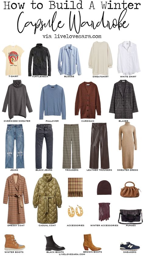 Winter Capsule Wardrobe Beach Boys T-shirt | Black Turtleneck | Blue blouse | Sweatshirt | White Blouse | Oversized Sweater | Blue Pullover | Brown Cardigan | Blazer | Jeans | Black Jeans | Plaid Capsules Wardrobe, Traveler Fashion, Ideas Armario, Eclectic Minimalist, Ultimate Capsule Wardrobe, Capsule Wardrobe Outfits, Fashion Capsule Wardrobe, Winter Capsule, Winter Capsule Wardrobe