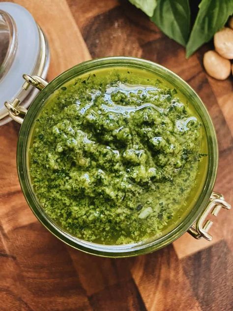 Basil and Marcona Almond Pesto - Whisper of Yum Zhoug Sauce, Almond Pesto, Flakey Salt, Pistachio Pesto, Green Pesto, Green Sauce, Pesto Recipe, Pesto Sauce, Basil Pesto