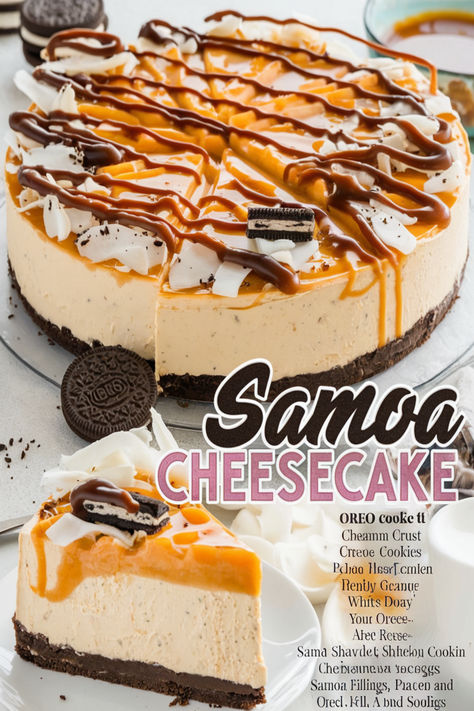 Satisfy your sweet tooth with this delicious Samoa Cheesecake recipe, inspired by the beloved cookie. It’s creamy, rich, and packed with flavor! Samoa Cake Recipe, Recipe With Oreos, Samoa Cake, Samoa Cheesecake, Samosa Recipe, Gluten Free Cheesecake, Oreo Recipes, Oreo Cheesecake, Indulgent Desserts