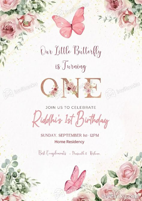 First Birthday Invitation Card Template, 1st Birthday Invitation Wording, Butterfly Birthday Party Invitations, First Birthday Invitation Cards, Create Birthday Invitations, Butterfly 1st Birthday, Instagram Mockup, Birthday Invitation Card Template, Baby Birthday Invitations