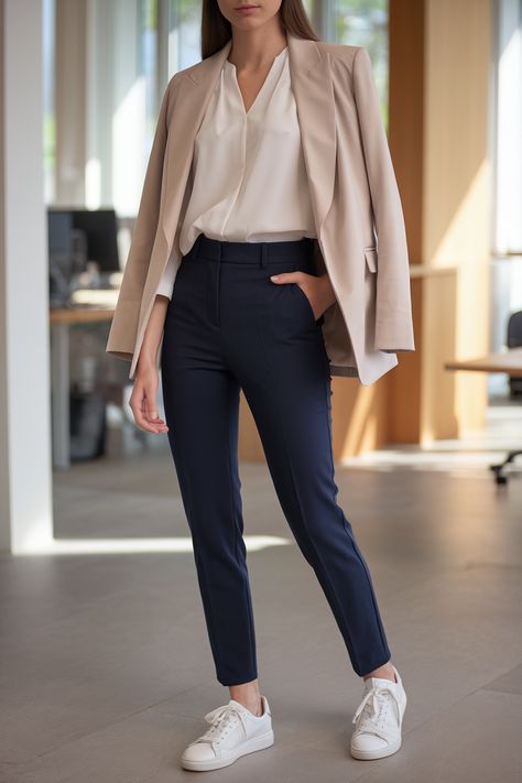 Beige blazer with a white blouse, navy trousers, and white leather sneakers in an office setting. Stylish Casual Outfits, Business Casual Outfit Ideas, Stylish Business Casual, Casual Outfits Ideas, Chic Trousers, Business Casual Outfit, Casual Outfits For Work, Silk Blouses, Casual Fridays