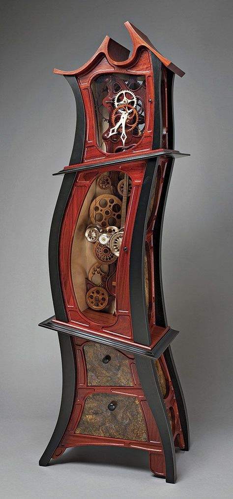 Whimsical grandfather clock by Edward Darchuk; Loveland, CO — This clock took two years to design and build. “The clock mechanism is made out of wood and keeps precise time as long as it is wound every 13-1⁄2 hours.” There is also a hidden compartment. More photos can be seen at eddarchuk.com.  20D X 28W X 81H Grandmother Clock, Clock Tattoo Design, Steampunk Clock, Wood Crafting Tools, Cool Clocks, Time Keeper, Learn Woodworking, Clock Art, Fantastic Furniture